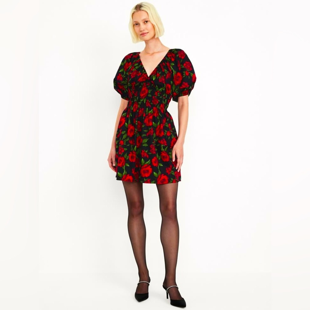 Old Navy Floral Print Puffy Sleeve Waist Defined Mini Dress
